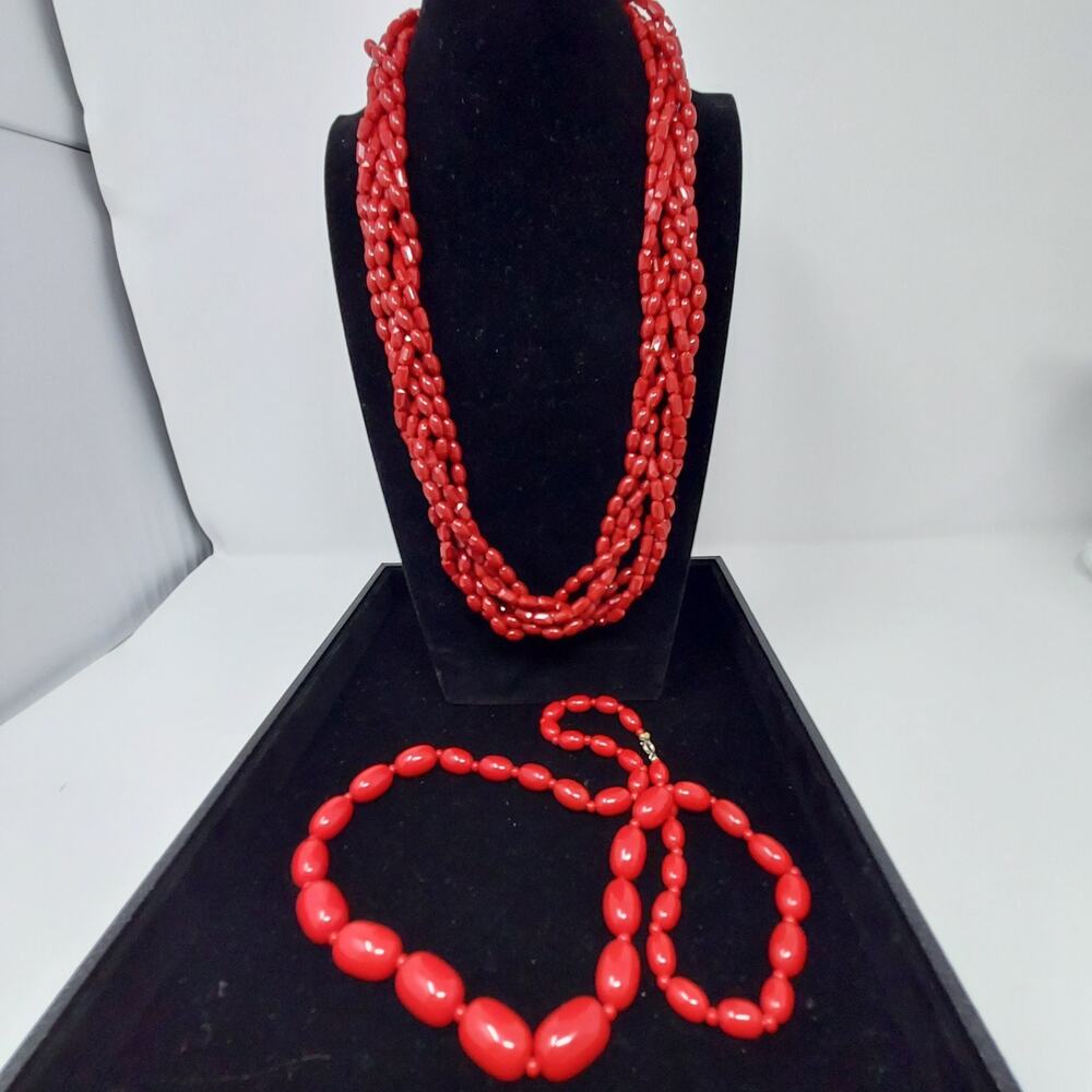 Vintage Retro Acrylic Bead Necklaces Red Lot of 2